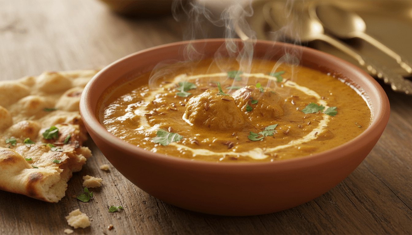 Steaming bowl of authentic Punjabi curry with fresh naan bread and aromatic spices