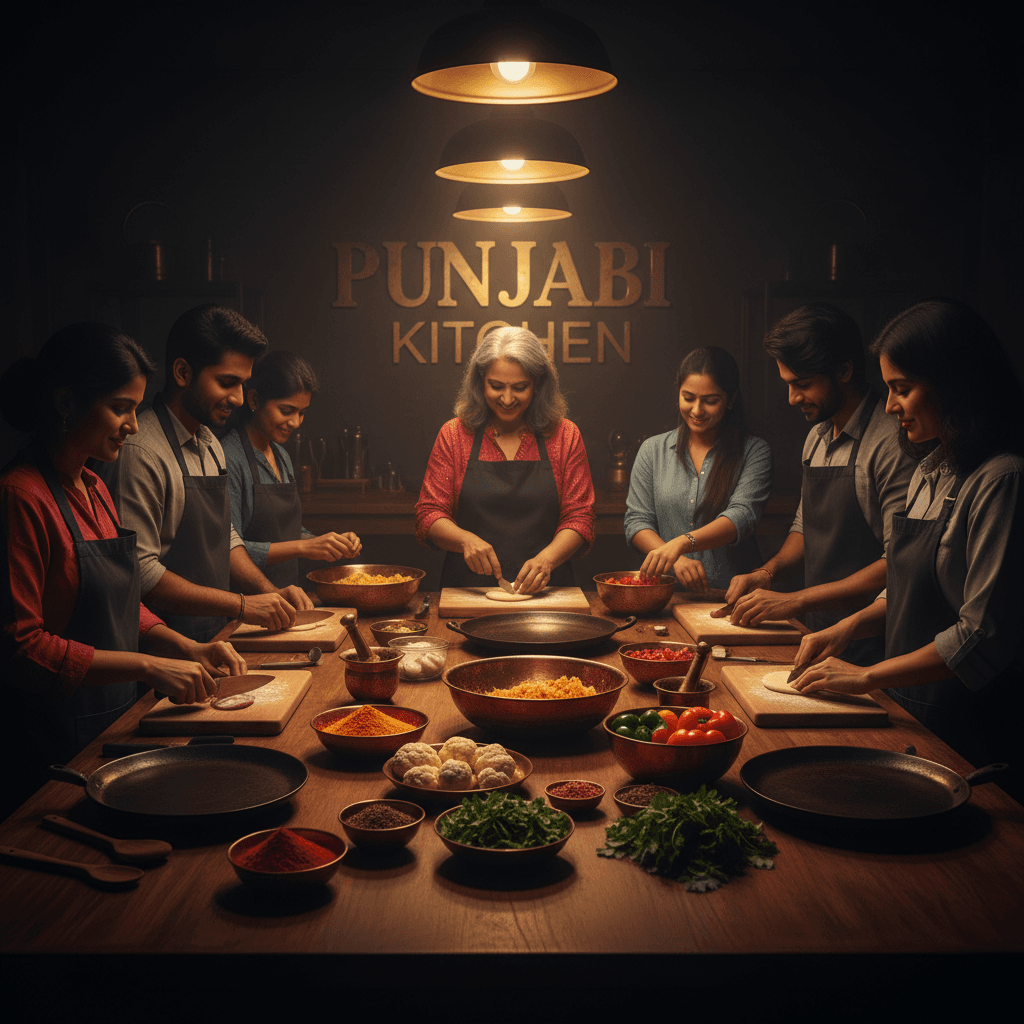Diverse group participating in interactive Punjabi cooking class experience