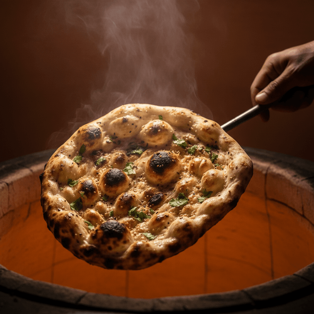 Fresh naan bread emerging from tandoor oven