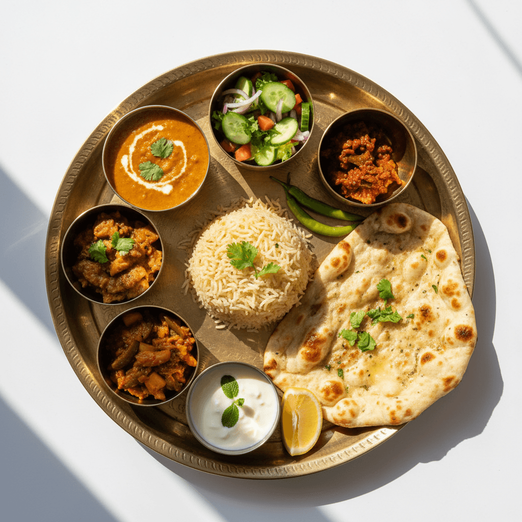 Traditional thali with multiple curries, rice, and bread