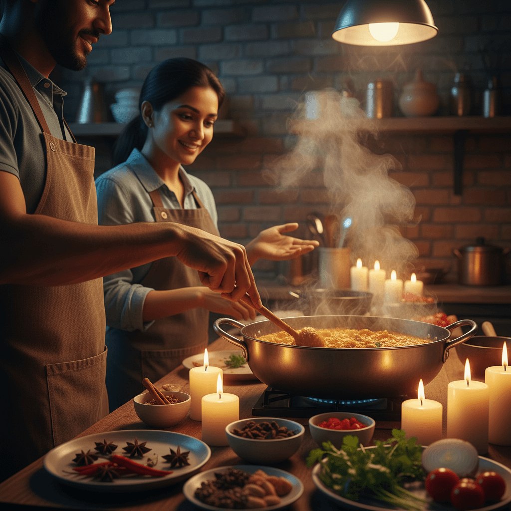 Cooking class participant preparing traditional Punjabi curry with instructor guidance