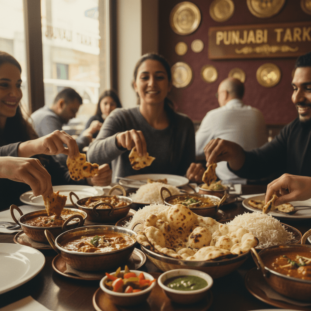 Traditional Punjabi feast laid out with multiple curries and breads during dining experience