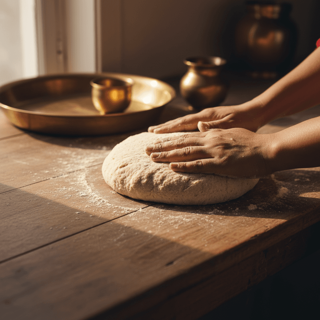 Hands kneading traditional Punjabi dough during a cooking class