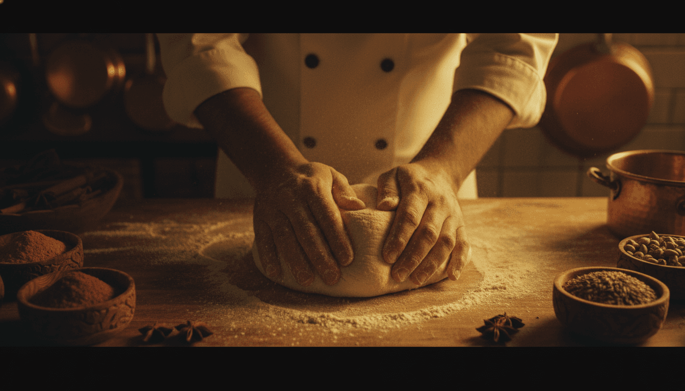 Chef's hands kneading fresh dough in warm golden light at Punjabi Tarka's Leicester kitchen