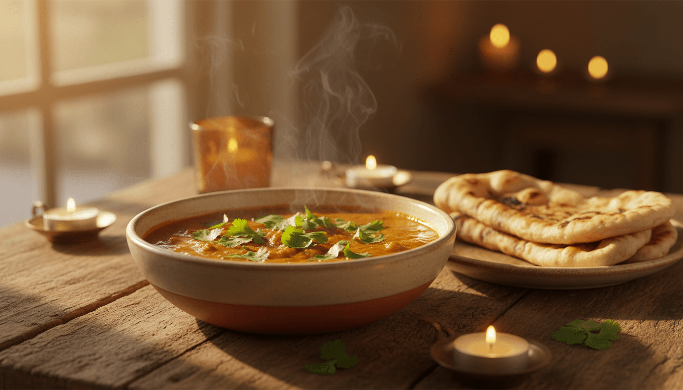 Authentic Punjabi curry and nan bread on a wooden table in warm lighting