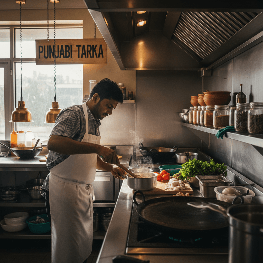 Chef preparing authentic Indian dish in restaurant kitchen