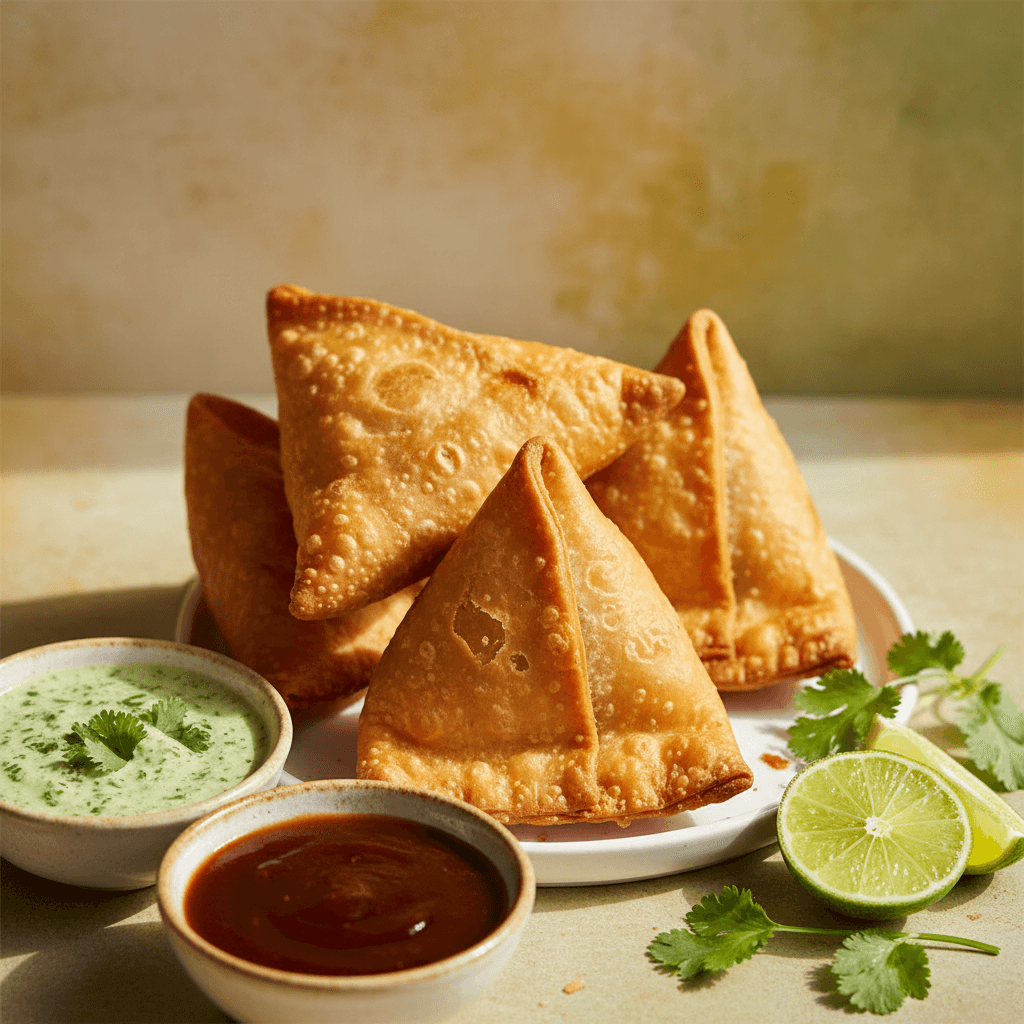 Crispy golden samosas served with fresh mint chutney and tamarind sauce