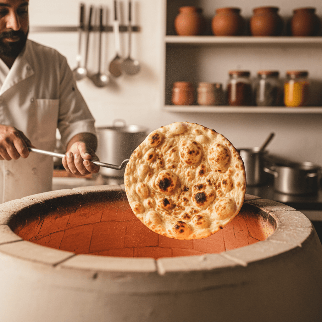Freshly baked tandoori naan being removed from traditional clay oven