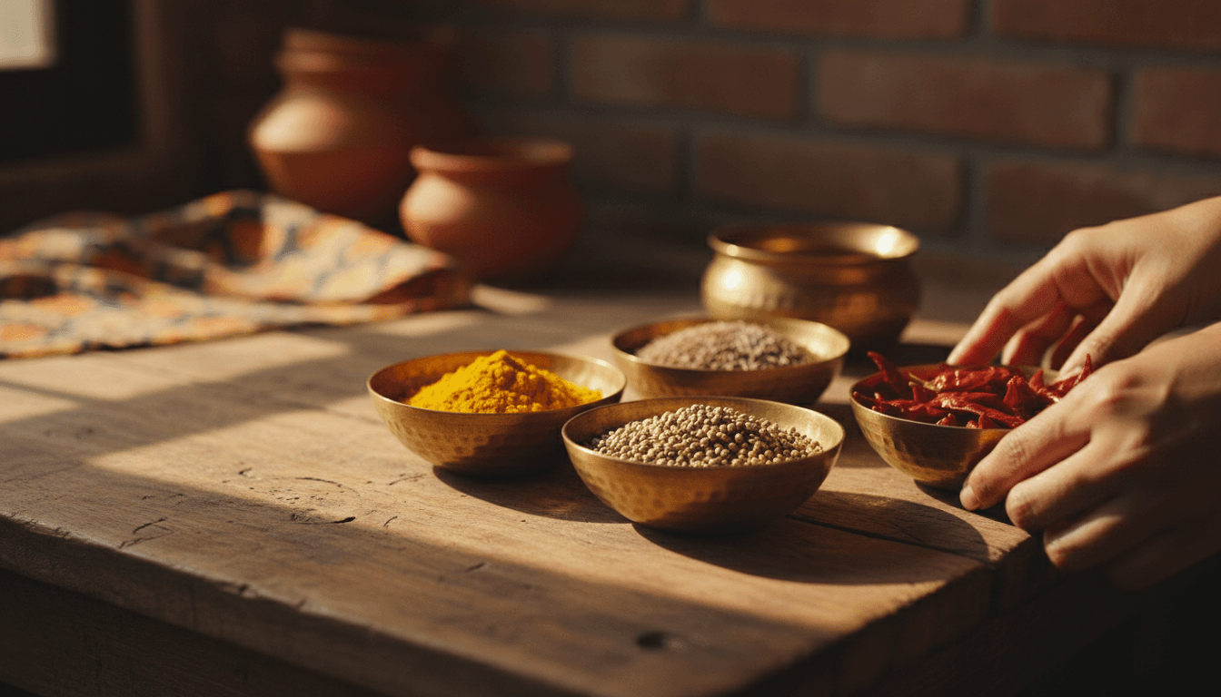 Traditional Punjabi spices arranged in brass bowls with warm natural lighting
