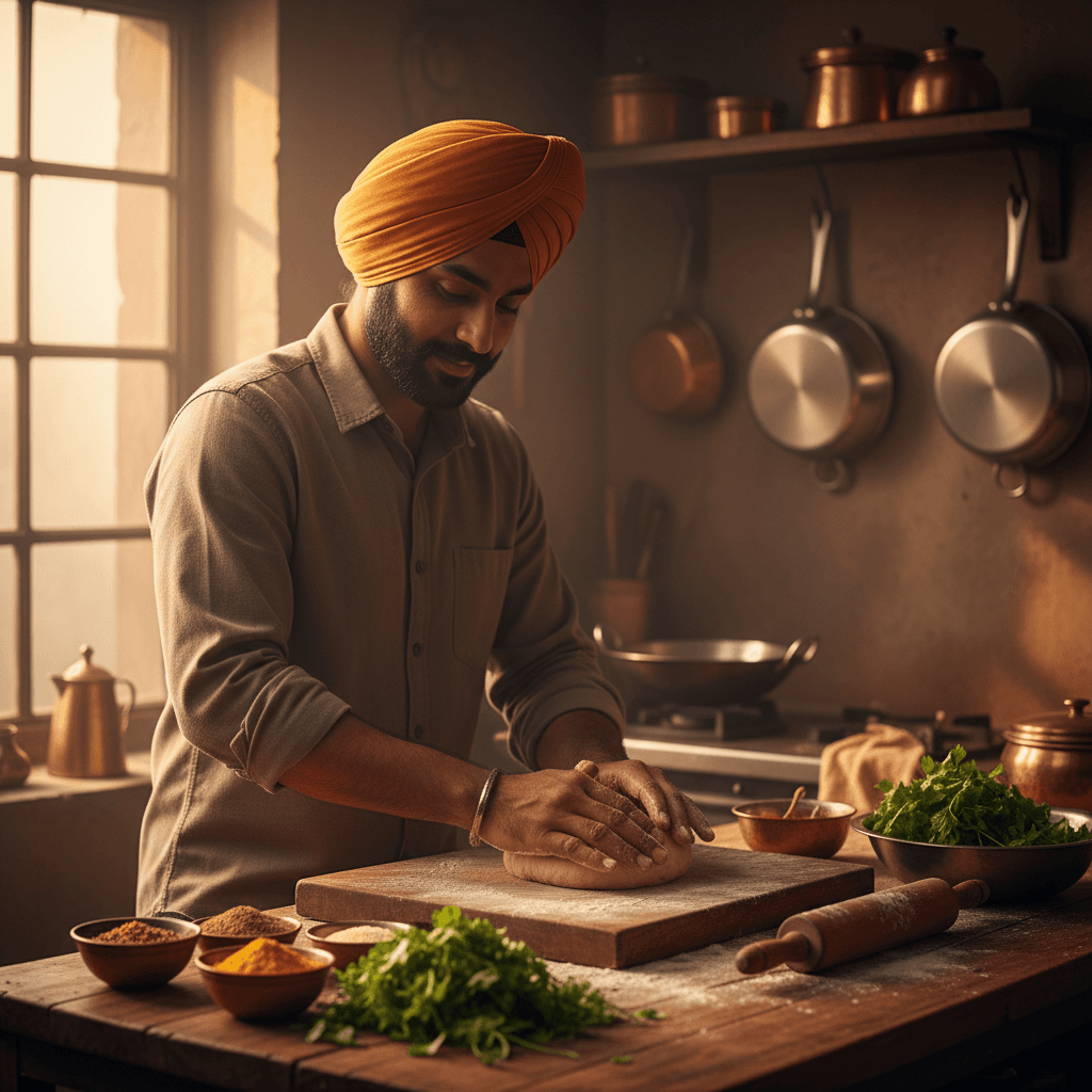 Mihir Tandel preparing authentic Punjabi cuisine in the kitchen