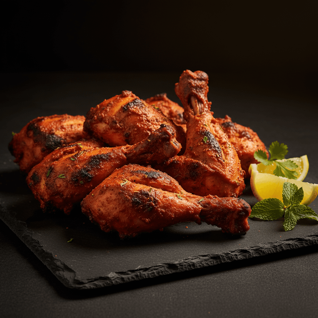 Tandoori chicken pieces with charred spices and vibrant presentation
